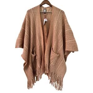 Vince Camuto Women's Cape Sweater Fringe Trim Open Poncho One Size Tan Pockets